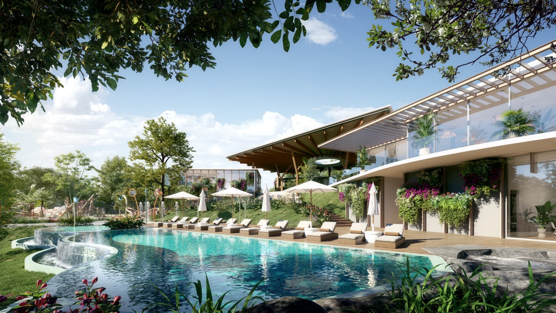 Piscina y área de relax de la Casa Club de AURA